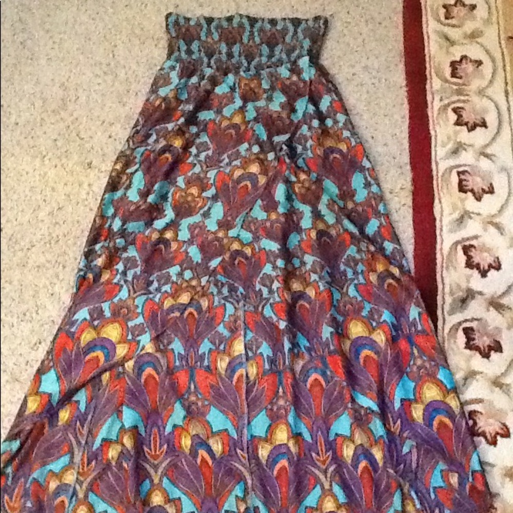 GORGEOUS! Boho Strapless Maxi Dress in Turquoise and Brown